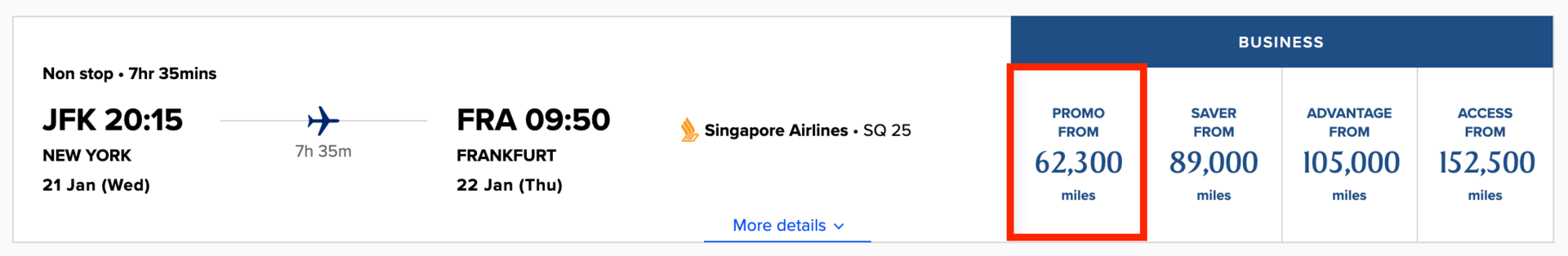 New York to Frankfurt for 62k Singapore miles