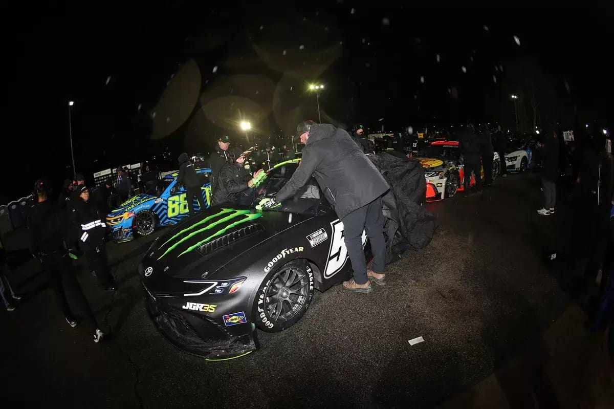 NASCAR Cup car in makeshift pit lane