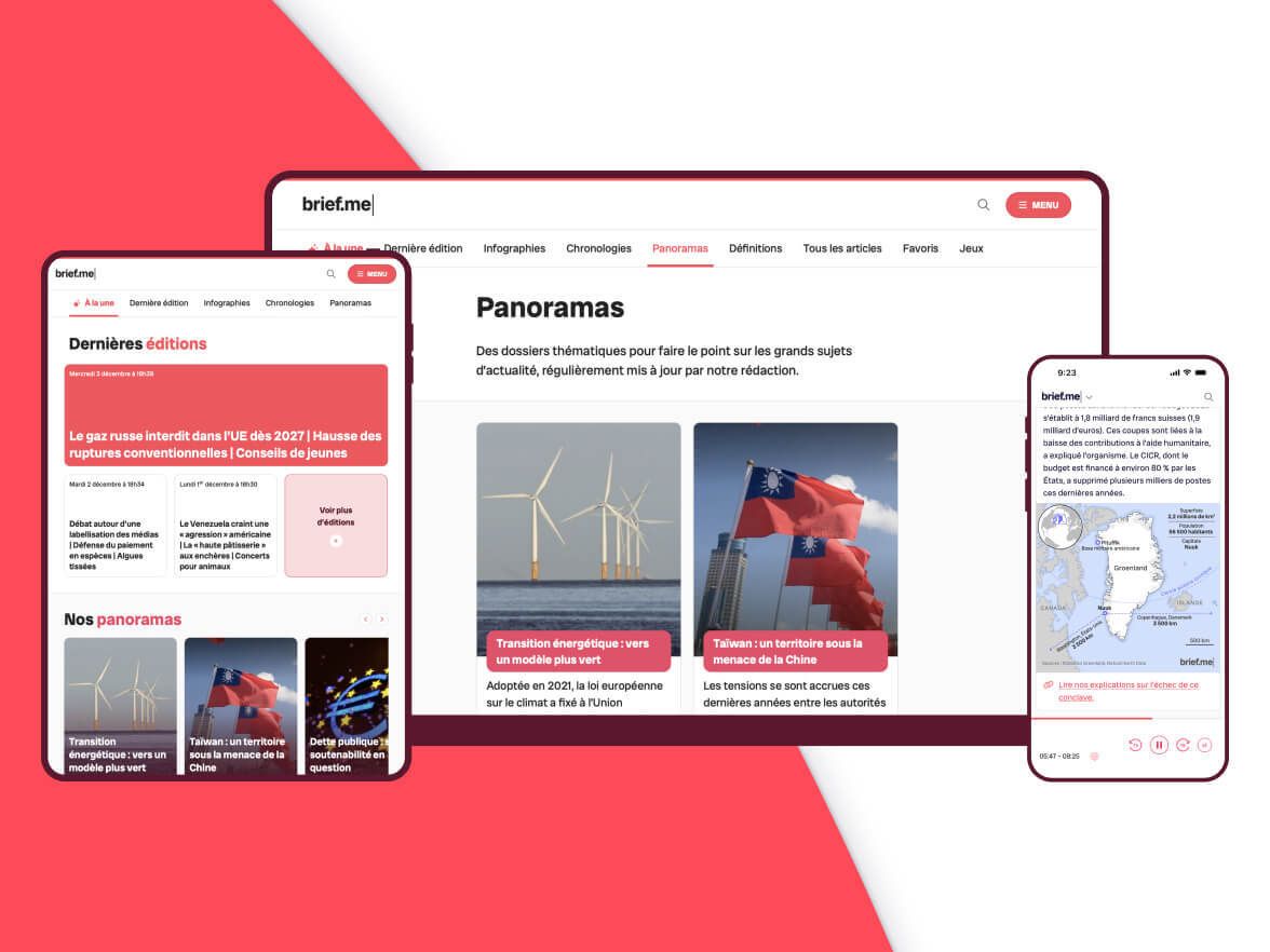 Extraits des versions tablette, desktop et mobile de différents écrans de Brief.me.