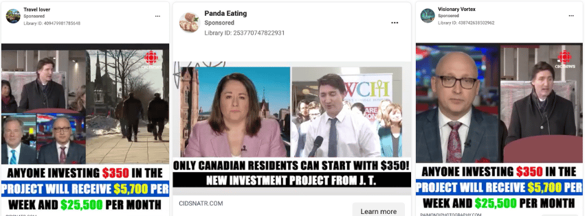 Examples of some of the AI generated scams Canadians are seeing on Meta platforms.