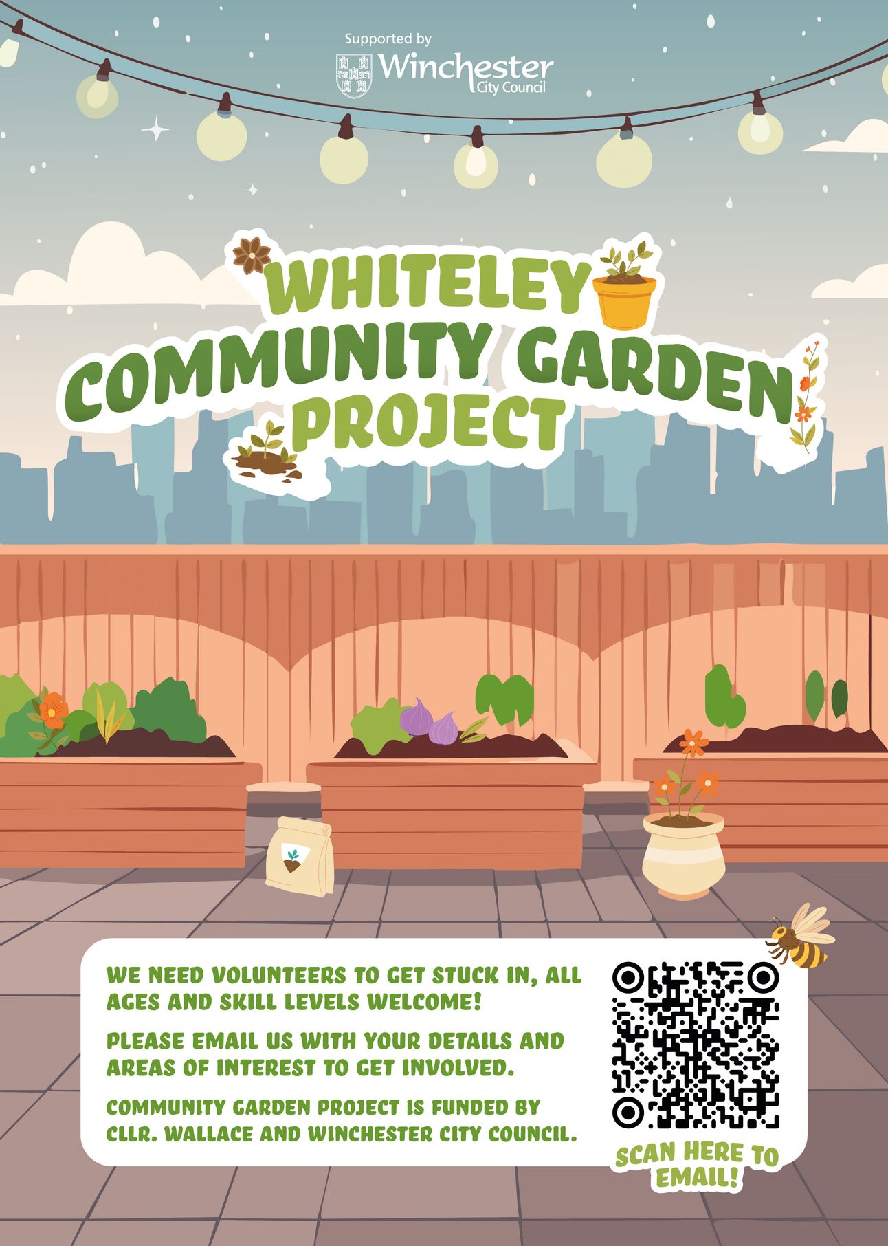 A community garden poster, complete with illustratd raised beds with a city backdrop