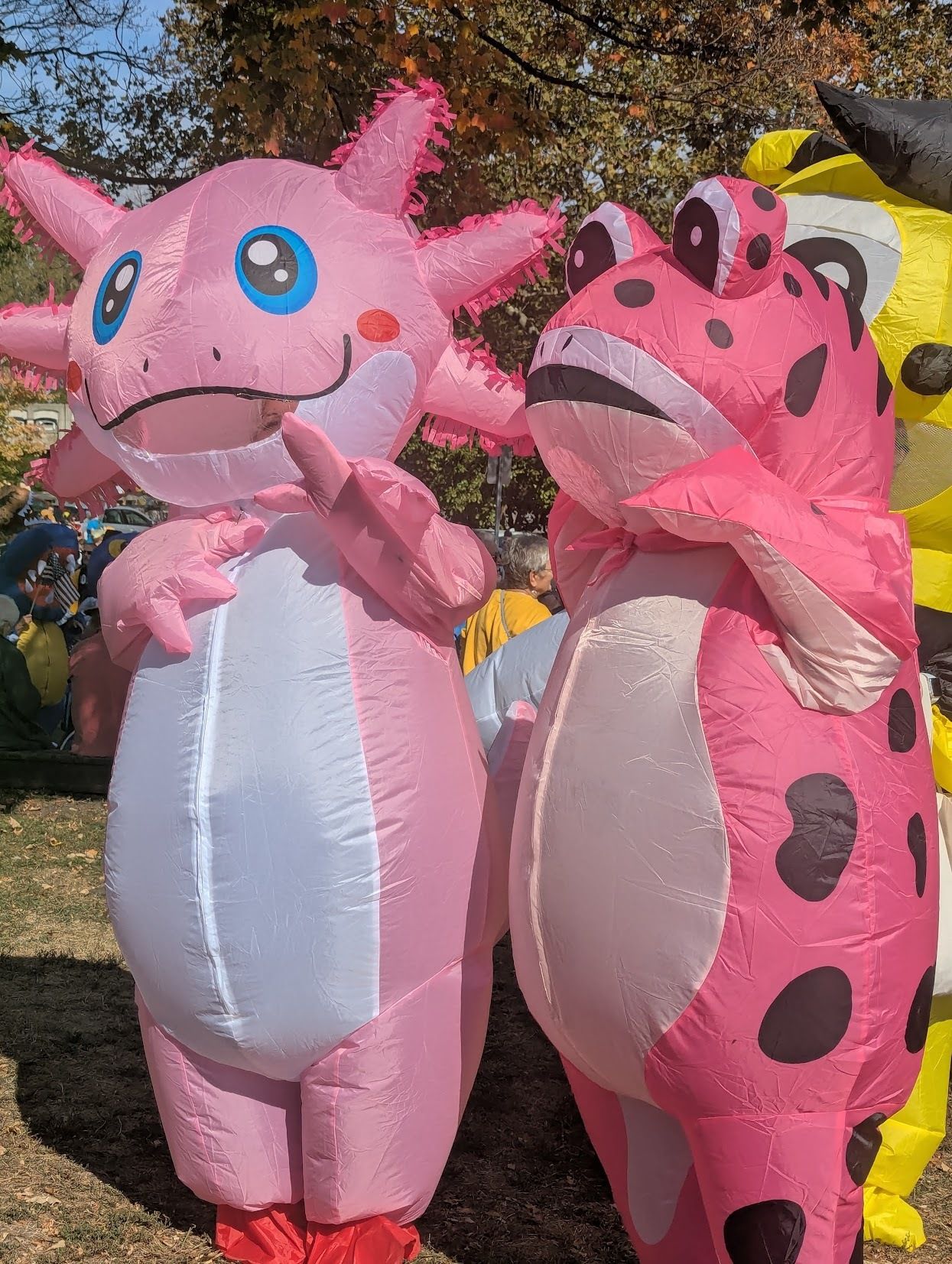 People dressed in inflatable animal suits enjoy the park.