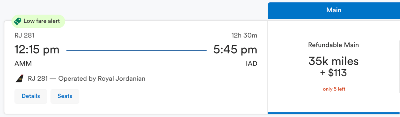 Amman to Washington Dulles for 35,000 Alaska miles