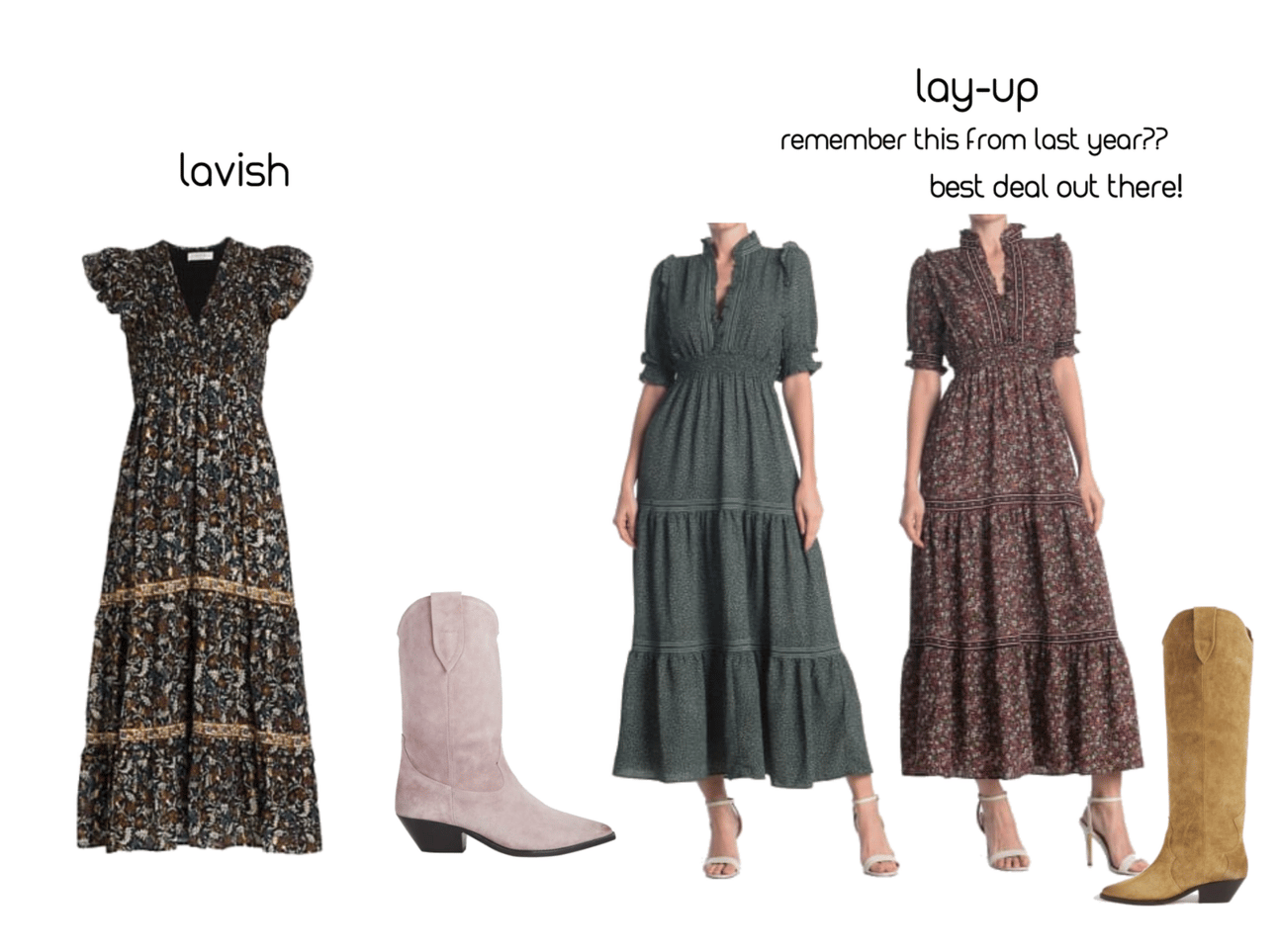 These dresses were a HIT last year!. Lavish Dress: Tan Boots; Lay-up Dresses; Camel Boots