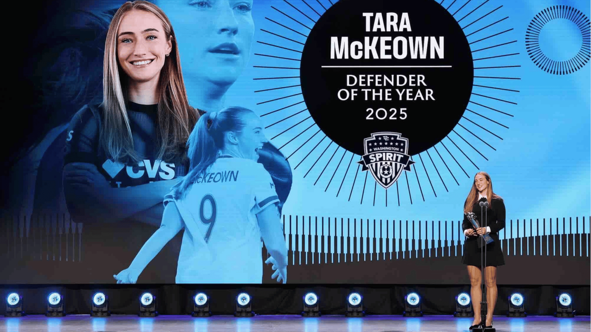 Tara McKeown #9 of Washington Spirit accepts the Defender of the Year award during the 2025 NWSL Awards Presented by AT&T at Montgomery Theater on November 19, 2025 in San Jose, California. 