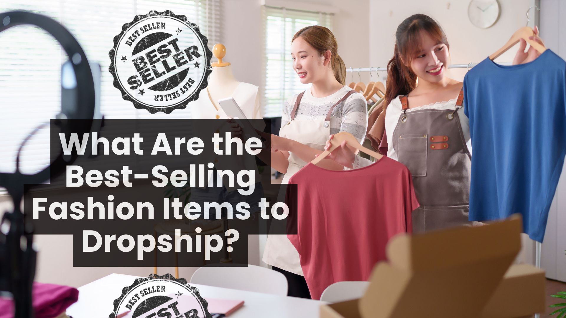 Fashion entrepreneurs selecting best-selling clothing items in a boutique setting, representing profitable fashion dropshipping products for Shopify online stores.
