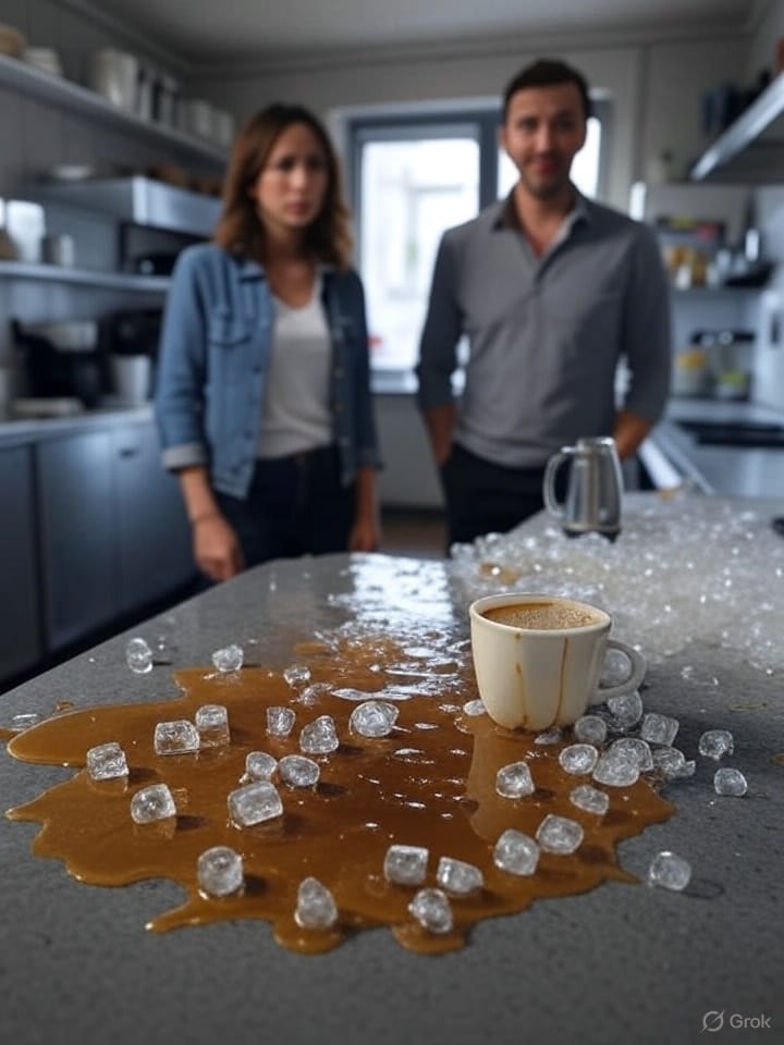 Messy office kitchen with spilled coffee and ingredients scattered on counter after failed attempt at making artisanal iced coffee