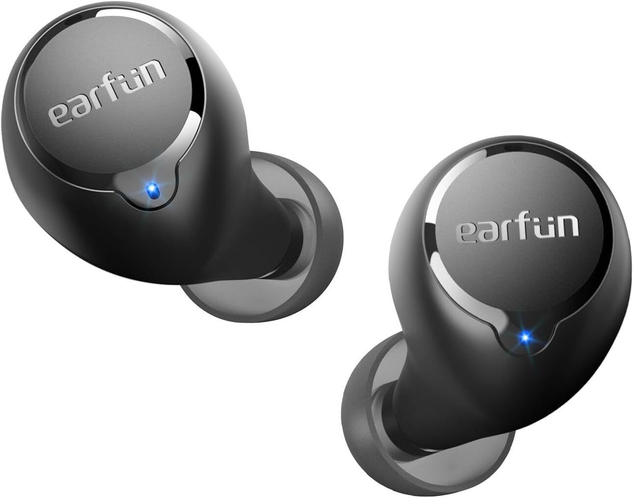 EarFun Free 2S Modern wireless earbuds displayed in a matte black case, paired with a phone—low-latency audio for streaming or mobile gaming.