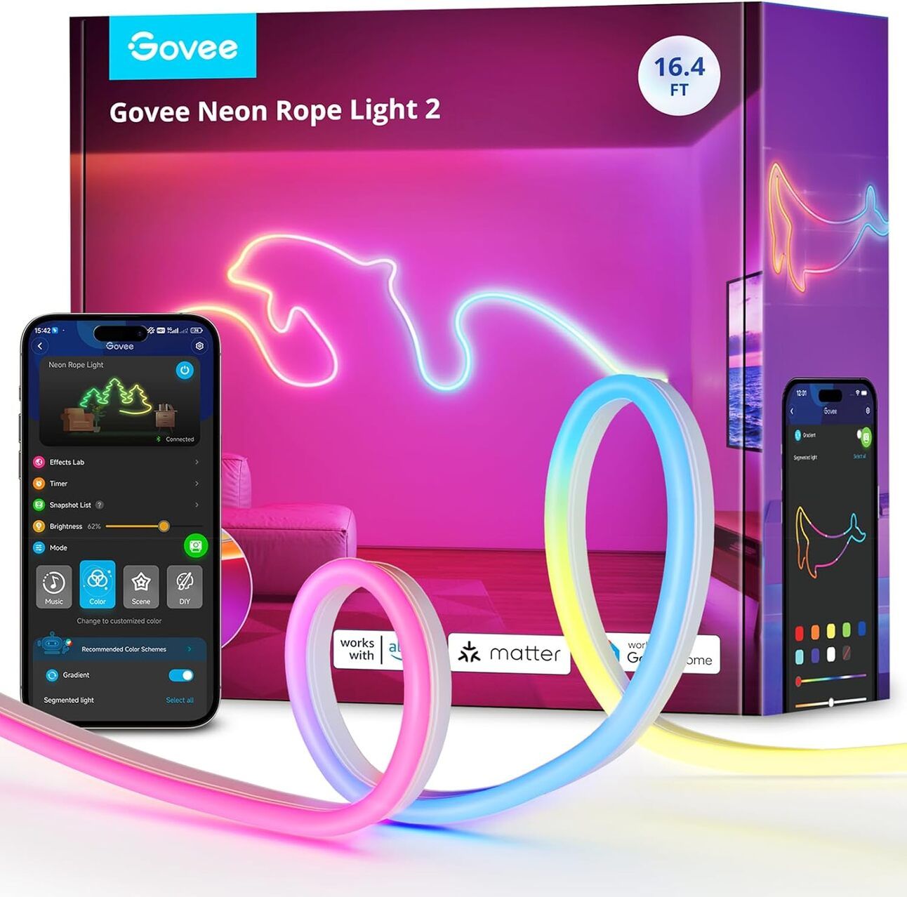 Govee Neon Rope Light – Flexible & Eye-Catching A flexible RGB neon rope light shaped around a desk and shelving unit, creating bold, colorful accents in a gaming setup.