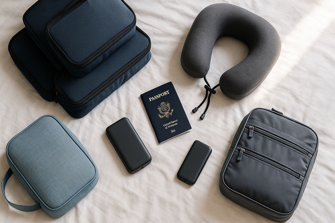 A flat lay of essential travel items arranged neatly on a white bed in soft natural light. The layout includes three navy blue packing cubes, a gray memory foam travel pillow, a black U.S. passport, two black power banks, a light blue toiletry bag, and a dark gray zippered organizer. The scene evokes a sense of organization and readiness for travel.
