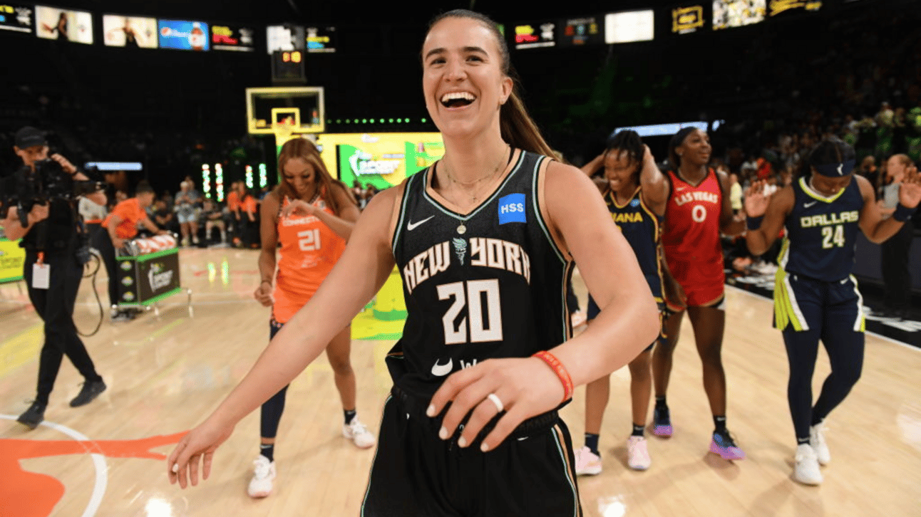 Sabrina Ionescu #20 of the New York Liberty celebrates during the 2023 WNBA MTN DEW 3-Pt Contest