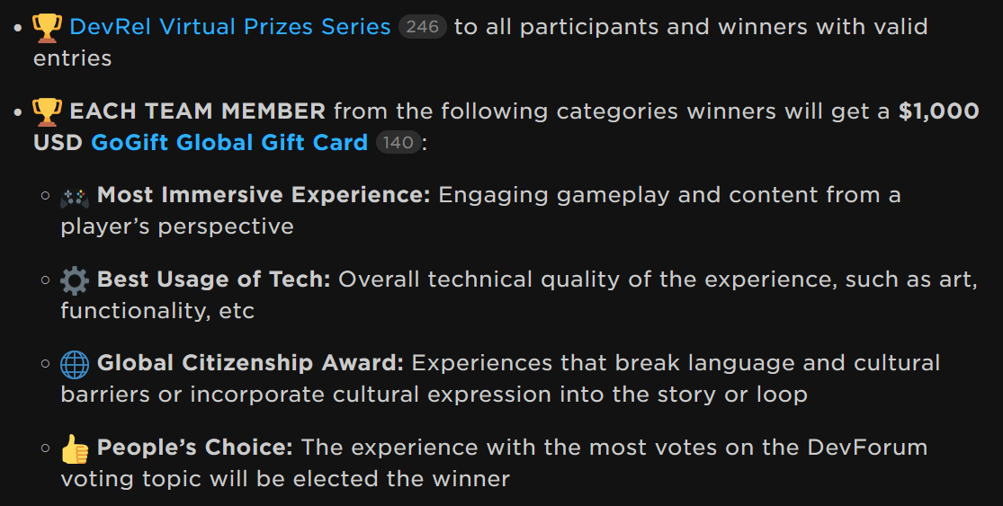 Prizes for this year's Developer Game Jam that's being hosted by Roblox DevRel