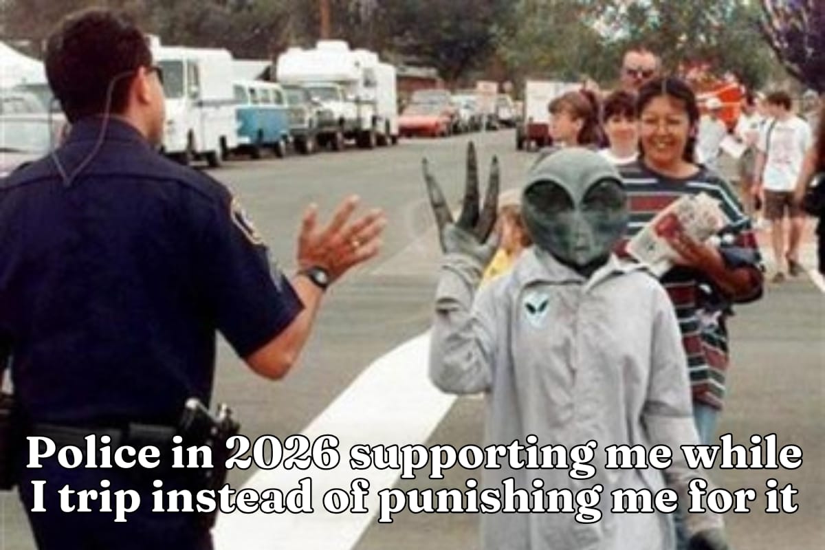 Police in 2026 supporting me while I trip instead of punishing me for it