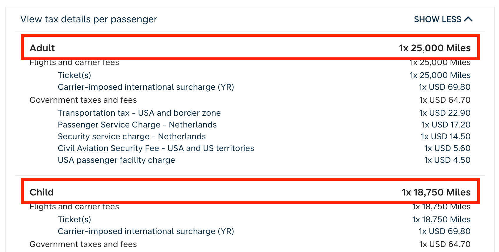 Example of child discount on KLM award flight