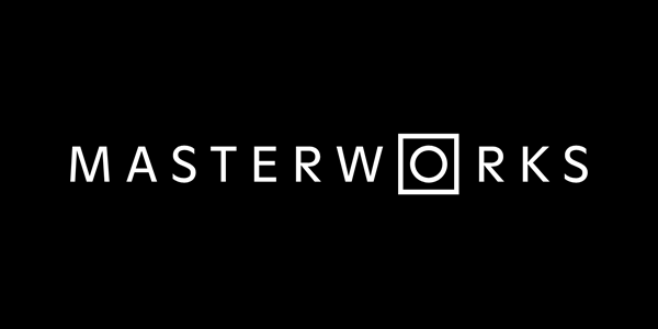Masterworks logo in white font with black background