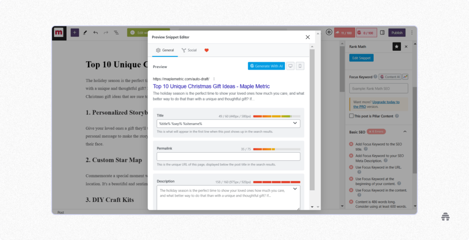 WordPress editor showing the Rank Math SEO preview snippet editor, where a creator edits the search title, permalink, and meta description for a blog post. The interface highlights real-time SEO optimization and content scoring to improve Google search visibility.