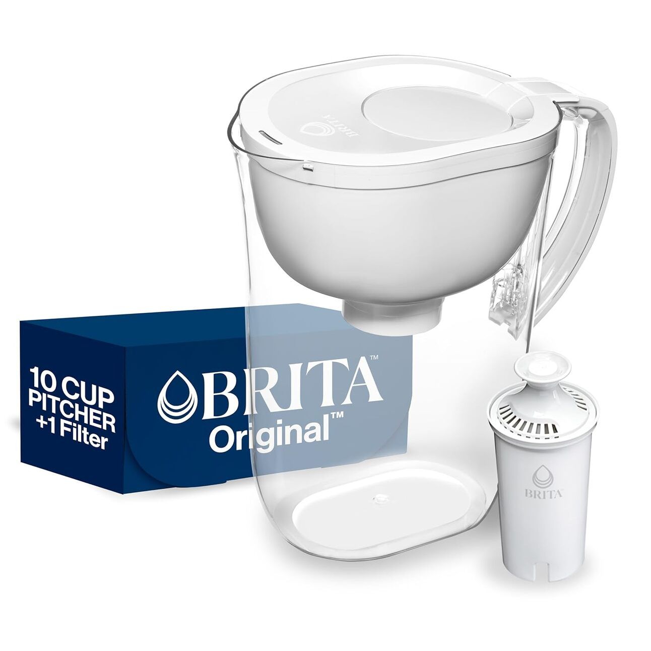 Brita Standard Everyday Water Pitcher – A large, clear water pitcher with a white lid and built-in filter, placed next to a glass of clean water on a bright kitchen counter. Emphasizes purified tap water and eco-friendly benefits.