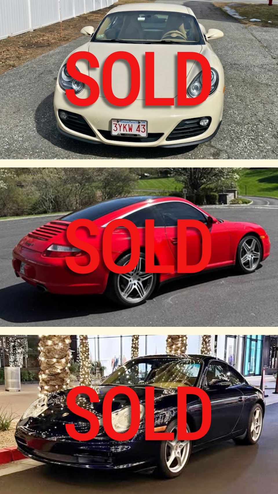 Collage of three sold Porsches from Issue 35: a cream 987.2 Cayman, a Guards Red 997 Targa 4S, and a dark blue 996 Carrera, each marked with a red SOLD stamp