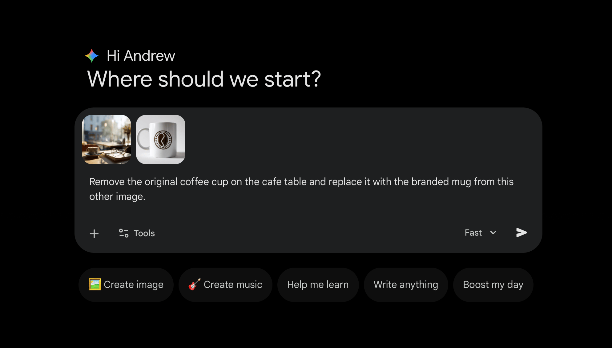 Upload both images and write one clear instruction