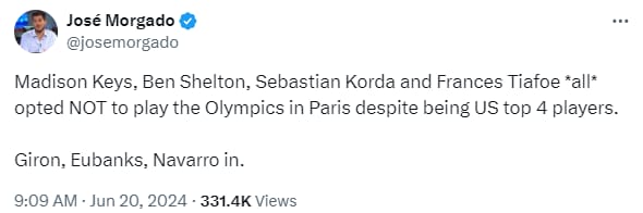 “Madison Keys, Ben Shelton, Sebastian Korda and Frances Tiafoe *all* opted NOT to play the Olympics in Paris despite being US top 4 players”