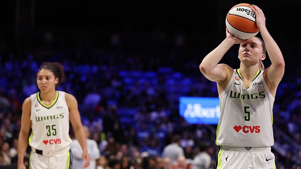 Paige Bueckers #5 of the Dallas Wings shoots a free throw during the second half against the Minnesota Lynx at College Park Center on May 14, 2026