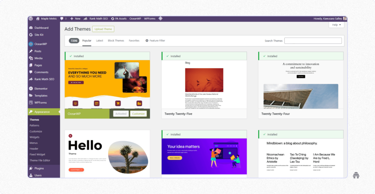 WordPress “Add Themes” dashboard showing the theme library with installed and available templates for customizing a website or blog. Illustrates how creators browse, install, and activate WordPress themes to design their site layout and appearance.