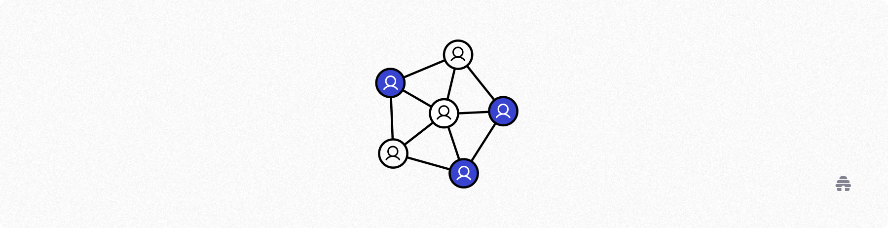 Illustration of interconnected user icons representing a network or community, symbolizing collaboration, audience growth, or referral connections, associated with beehiiv.