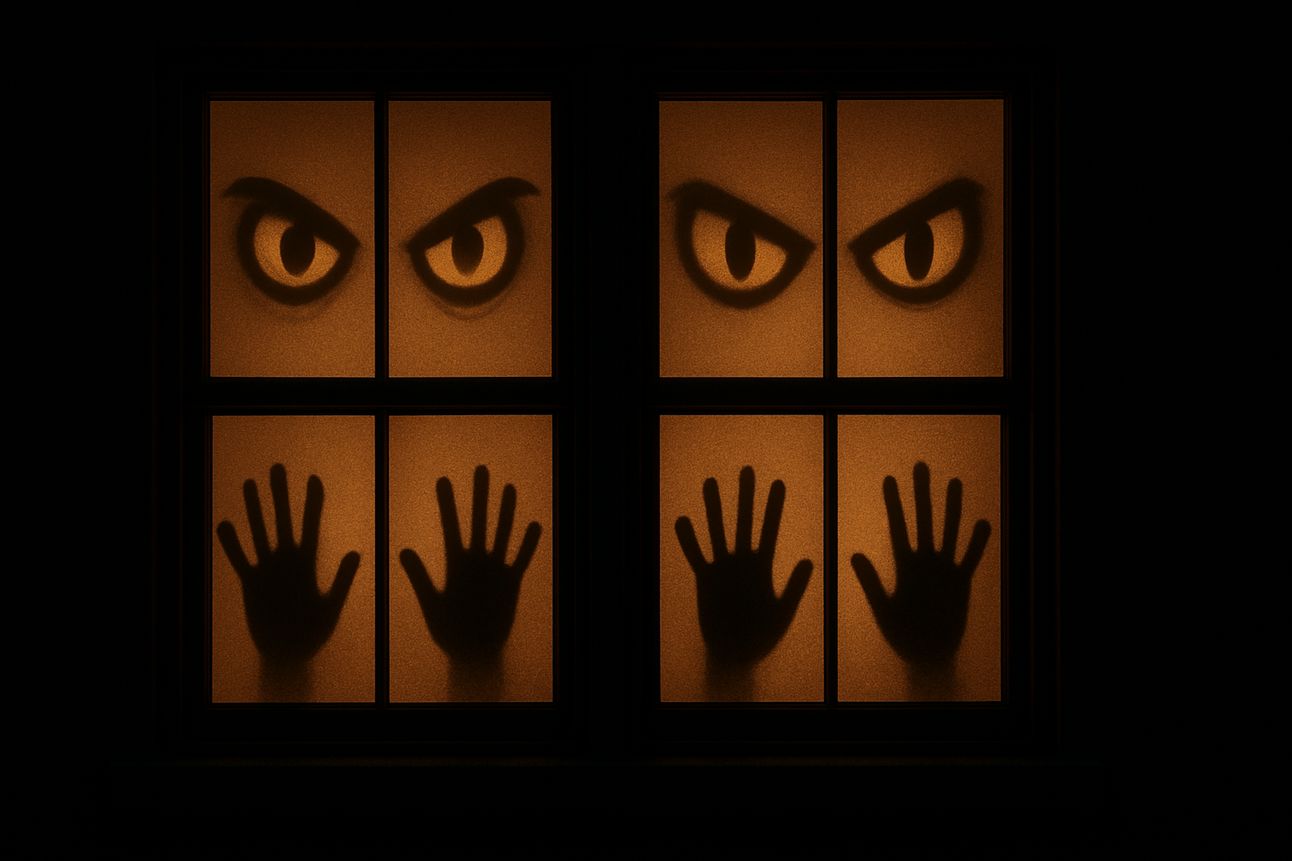 Glowing windows at night with spooky backlit illusions of sharp, glaring eyes on the top panes and eerie hand silhouettes pressed against the bottom glass.