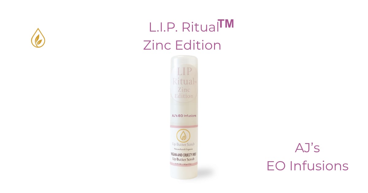 The Lip Ritual™ Zinc Edition by AJ’s EO Infusions — a luxury essential oil–infused lip butter scrub designed to calm, clarify, and restore your glow.