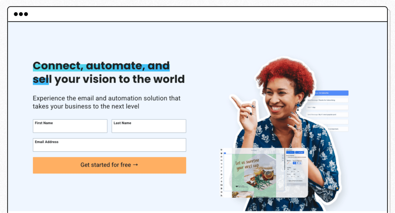 Email marketing platform landing page promoting tools to connect, automate, and sell online, with a signup form encouraging creators and businesses to start building email campaigns for free.