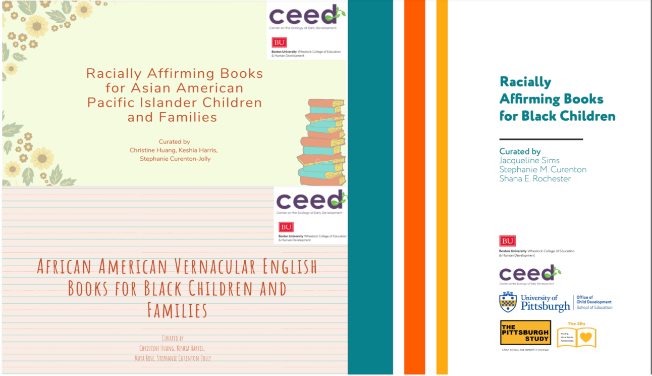 screenshots of title pages of book lists curated for REM children and families