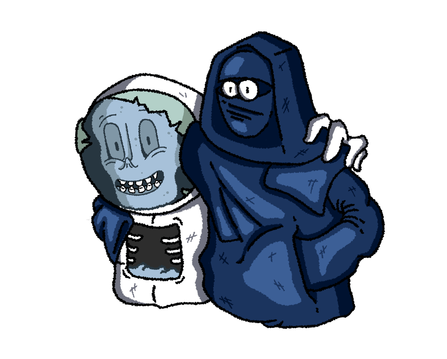 A strange alien with a smile on their face in a broken space suit puts their arm around a figure, entirely robed except for their eyeballs