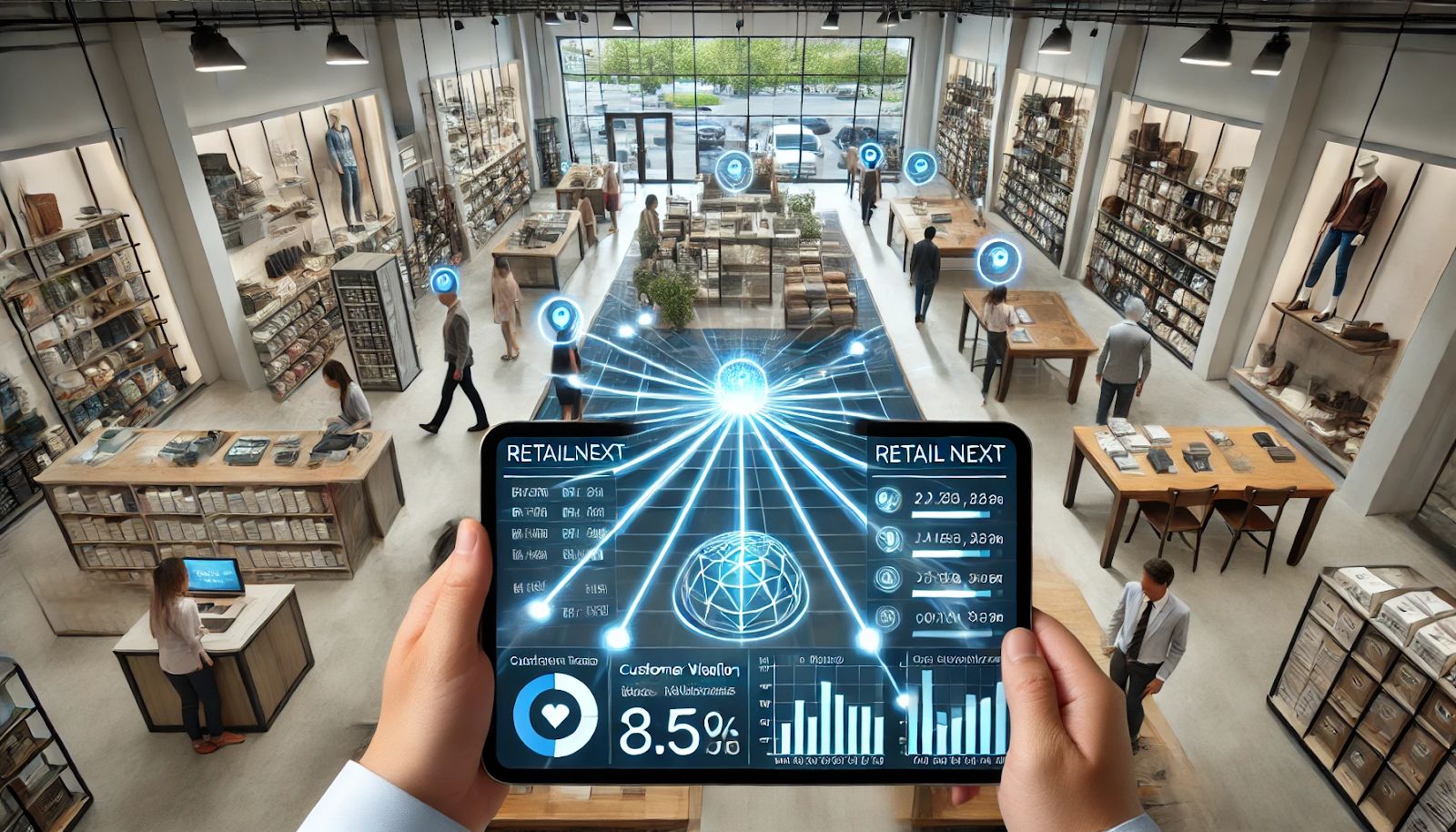 An in-store setting with an overhead view of a retail shop, showing digital pathways of customer movement captured by AI-enhanced computer vision technology. A digital overlay displays metrics such as customer traffic, time spent in different sections, and conversion rates. In the foreground, a store manager reviews a tablet displaying the RetailNext application with insights on optimizing store layouts to enhance customer experience.