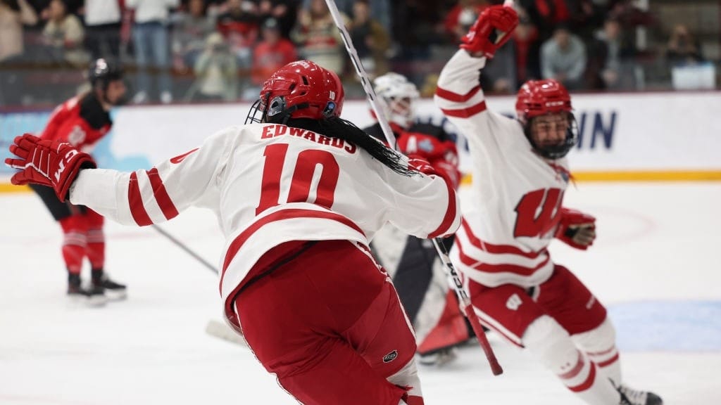 Laila Edwards #10 of the Wisconsin Badgers celebrates after scoring a goal during the first period the Division I Women's Ice Hockey Championship game