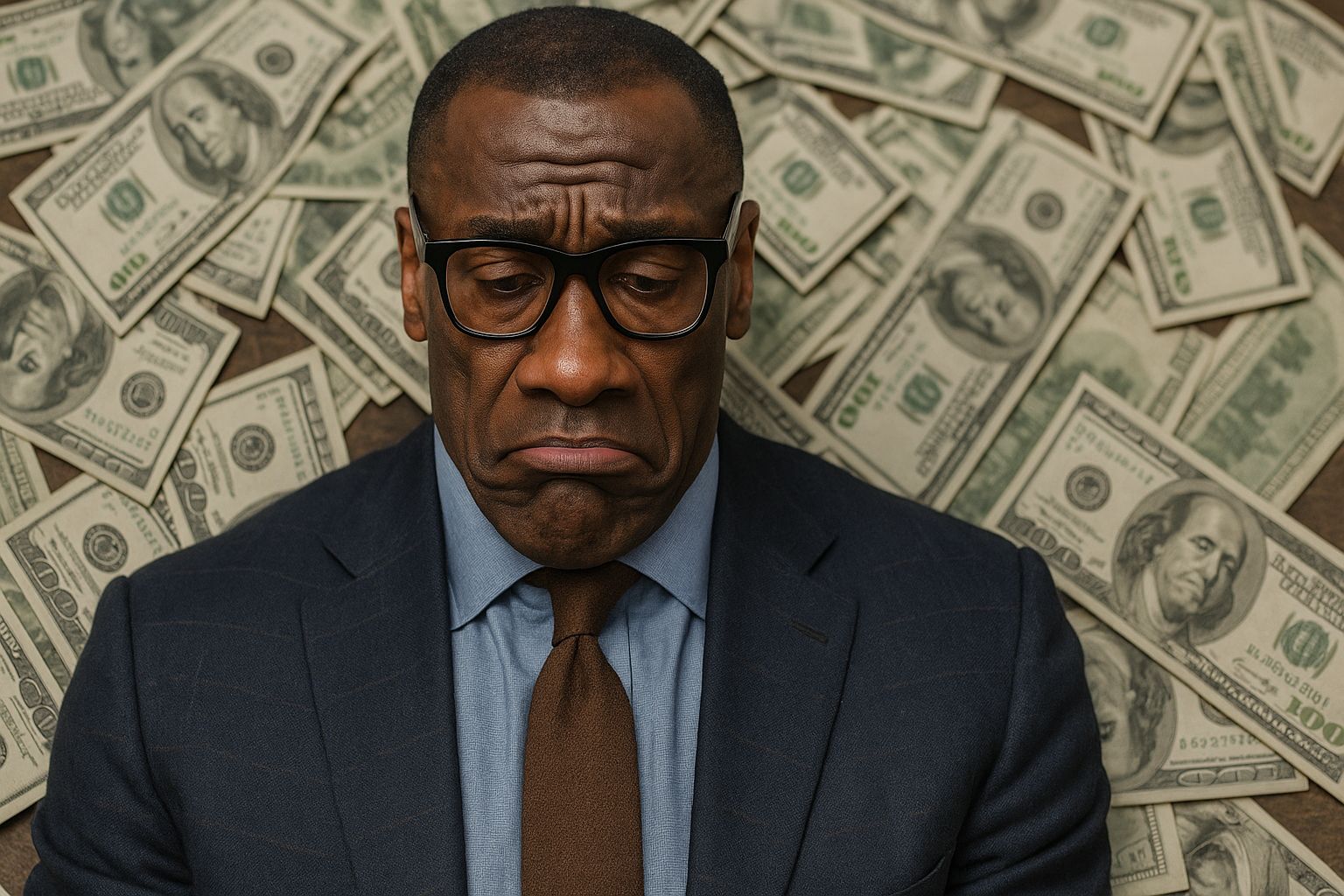 A serious-looking African American man resembling Shannon Sharpe lies on a surface covered in scattered hundred-dollar bills. He wears dark-rimmed glasses, a navy suit jacket, a blue dress shirt, and a brown tie, with a furrowed brow and a sad expression, contrasting with the wealth around him. The image is in a cinematic 16:9 ratio.