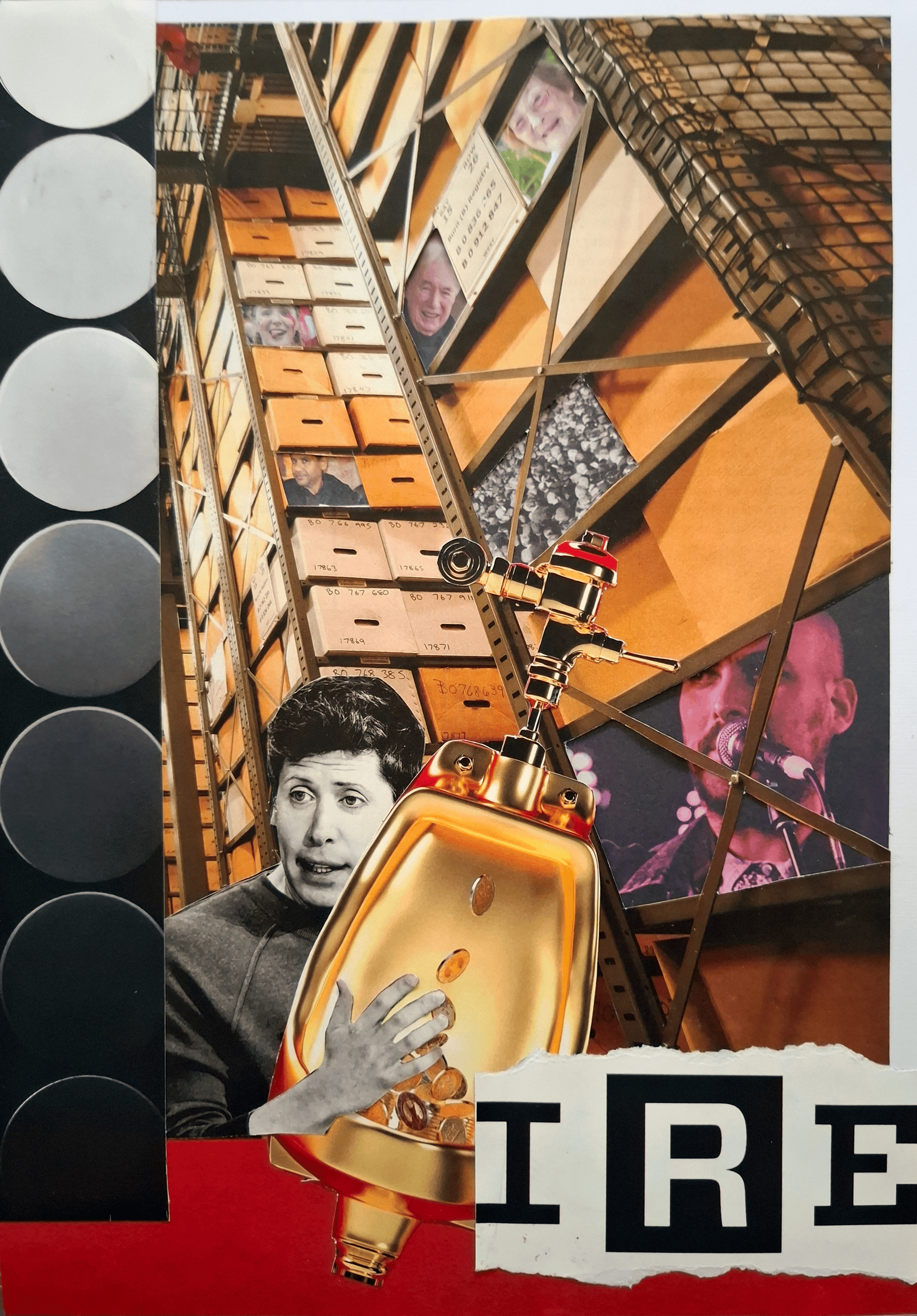 Collage Sam Altman holding gold urinal in front of stacked boxes, some have people faces. Text says Ire.