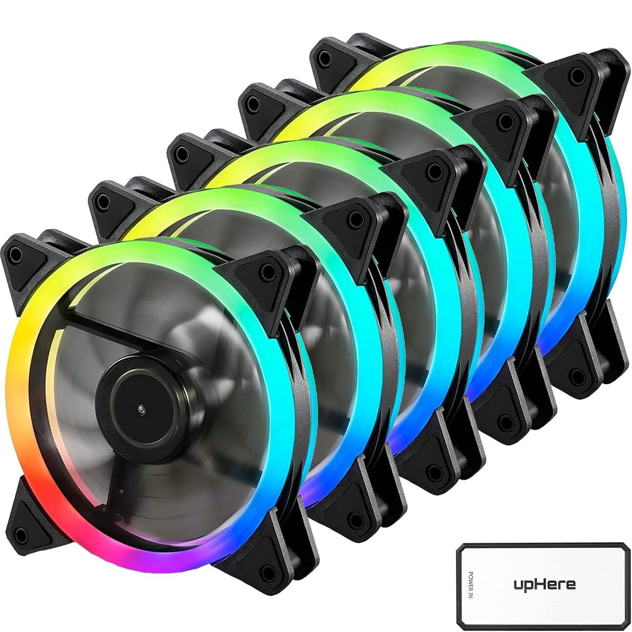 upHere RGB Fan Set – The Budget Six-Pack Six matching 120mm RGB fans filling a full gaming tower case with synchronized rainbow lighting, offering a festive, budget-friendly glow.