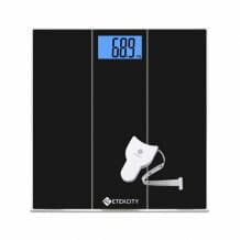 This bathroom scale in a noble black design measures values between 5-180 kg and is delivered including a measuring tape