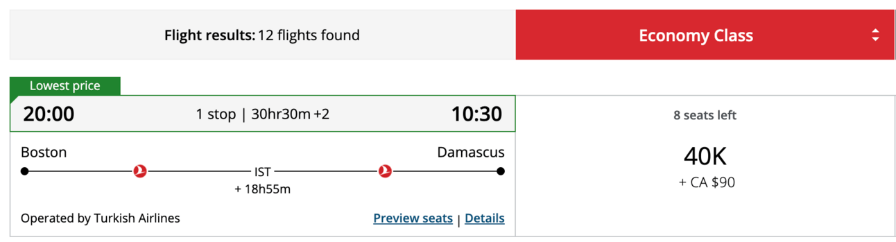 Boston to Damascus for 40,000 Aeroplan points