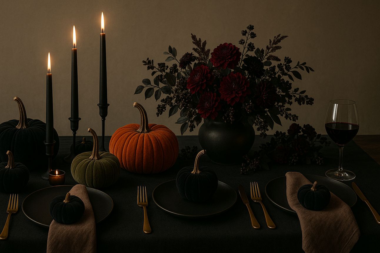Elegant Halloween dinner table styled with black linens, gold flatware, velvet pumpkins in black, orange, and green, and tall black taper candles. A moody floral centerpiece with deep red blooms and dark foliage sits in a matte black vase, creating a refined, designer-inspired atmosphere.