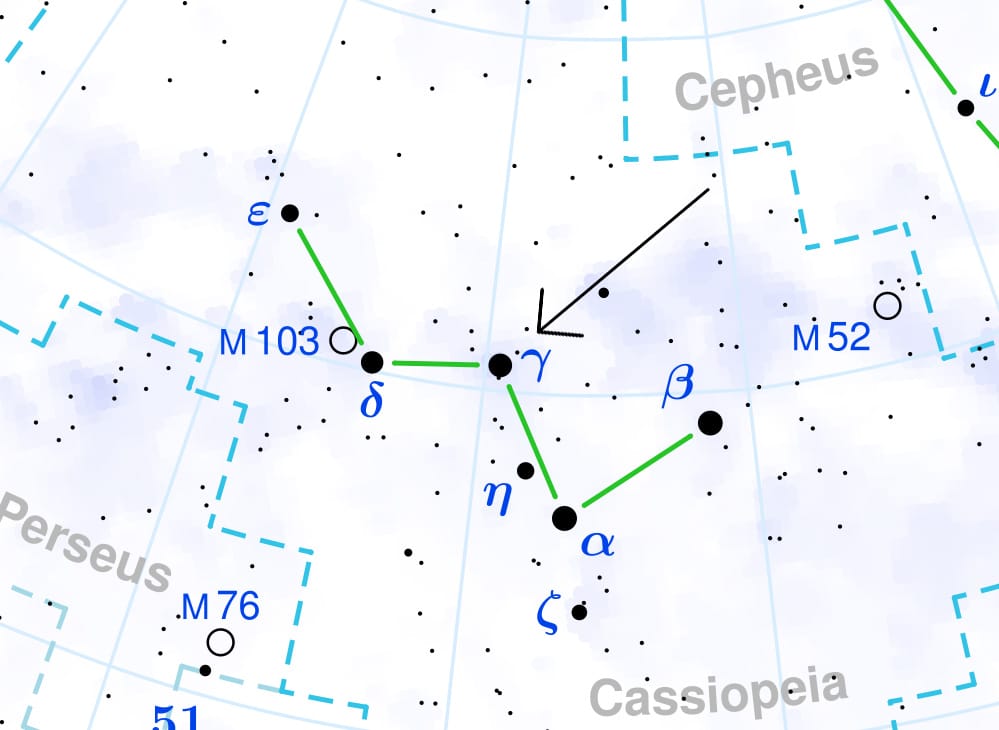 Sky map showing the W of Cassiopeia and Gamma Cas arrowed.