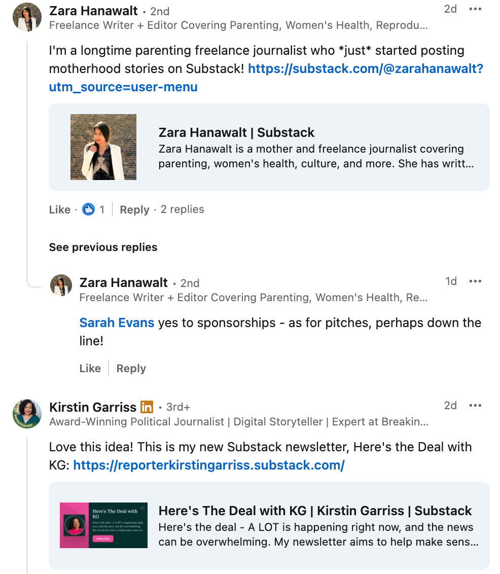 Screenshot of people boasting about Substack in LinkedIn post comments