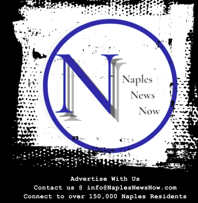 A blue and white logo with the words naples news now