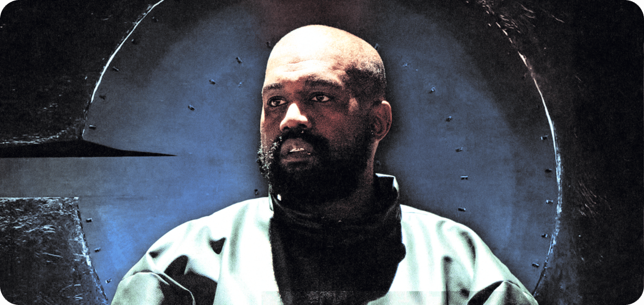 Ye in front of album cover