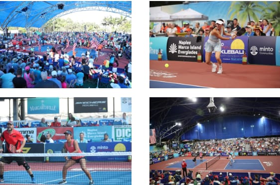A series of four photos showing people playing tennis.