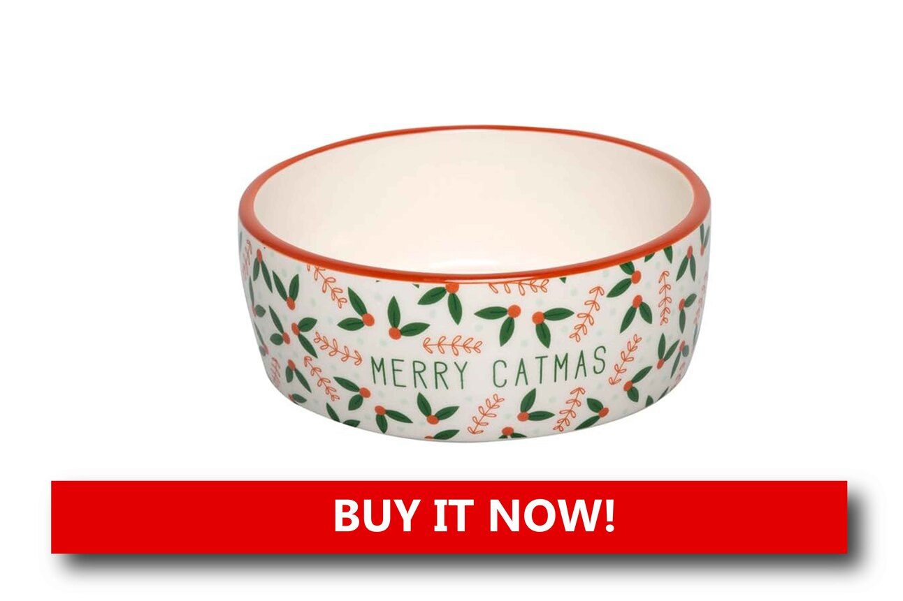 Pearhead Merry Catmas Christmas Cat Bowl Alt text: A white ceramic cat bowl with the words “Merry Catmas” in festive red font, sitting on a holiday placemat beside a decorated Christmas tree.
