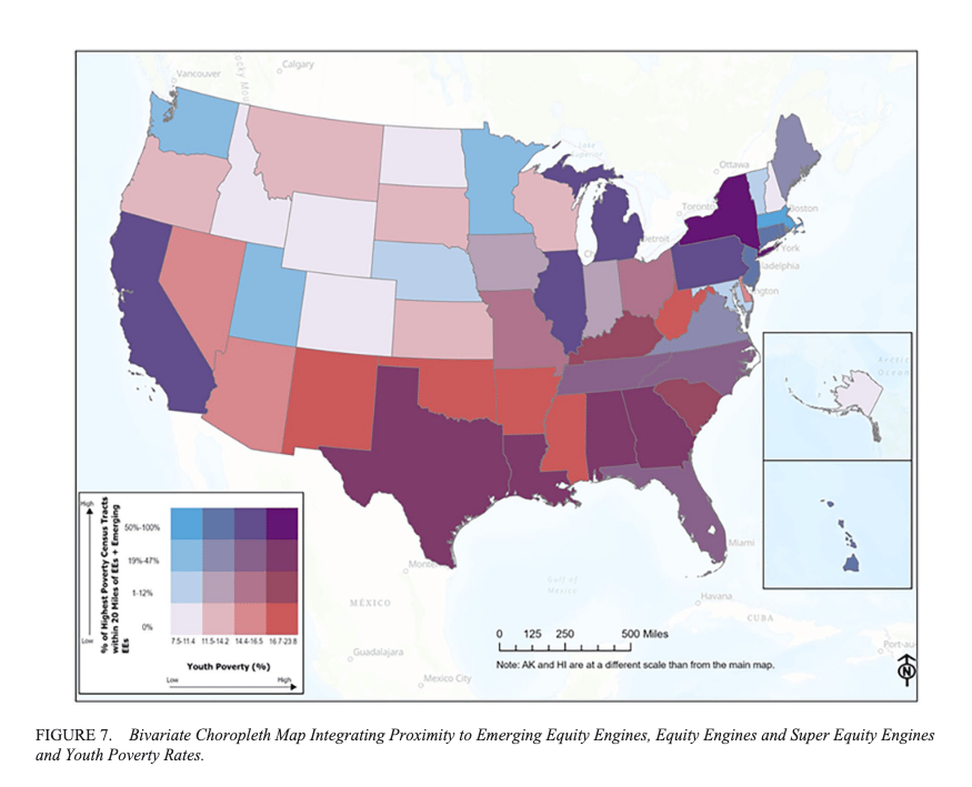 Bivariate chloropeth map showing proximity to equity engines integrated with youth poverty rates