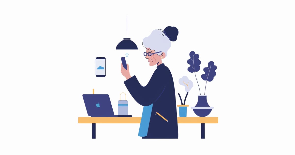 Illustration of an elderly woman wearing glasses and a bun hairstyle, standing at a desk and interacting with a smartphone. On the desk are a laptop, a drink container, and decorative plants, emphasizing a modern, tech-savvy lifestyle for older adults.