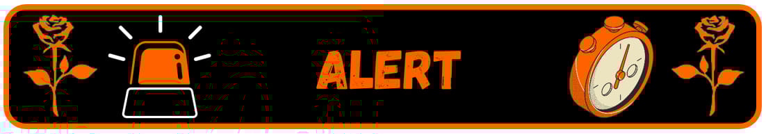 The word "Alert" between a siren light and a clock, with roses on either side