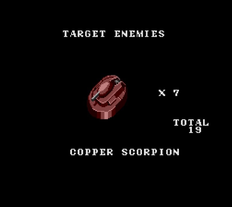 A screenshot showing the "Copper Scorpion" tank, and how many of them there will be out of the total number of "Target Enemies" in the next stage you're entering. In this case, seven of 19.